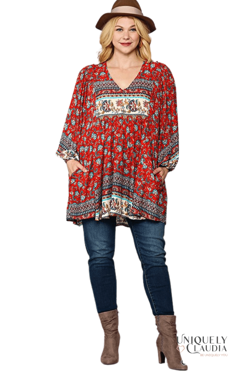 EDGY PLUS: Amirah Crimson Mix Tunic - UNIQUELY CLAUDIA