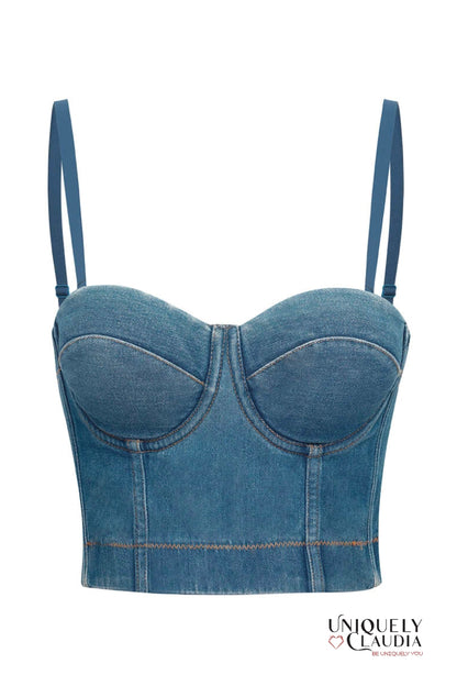 Women's Tops | Sarah Medium Wash Denim Bustier | Uniquely Claudia Boutique