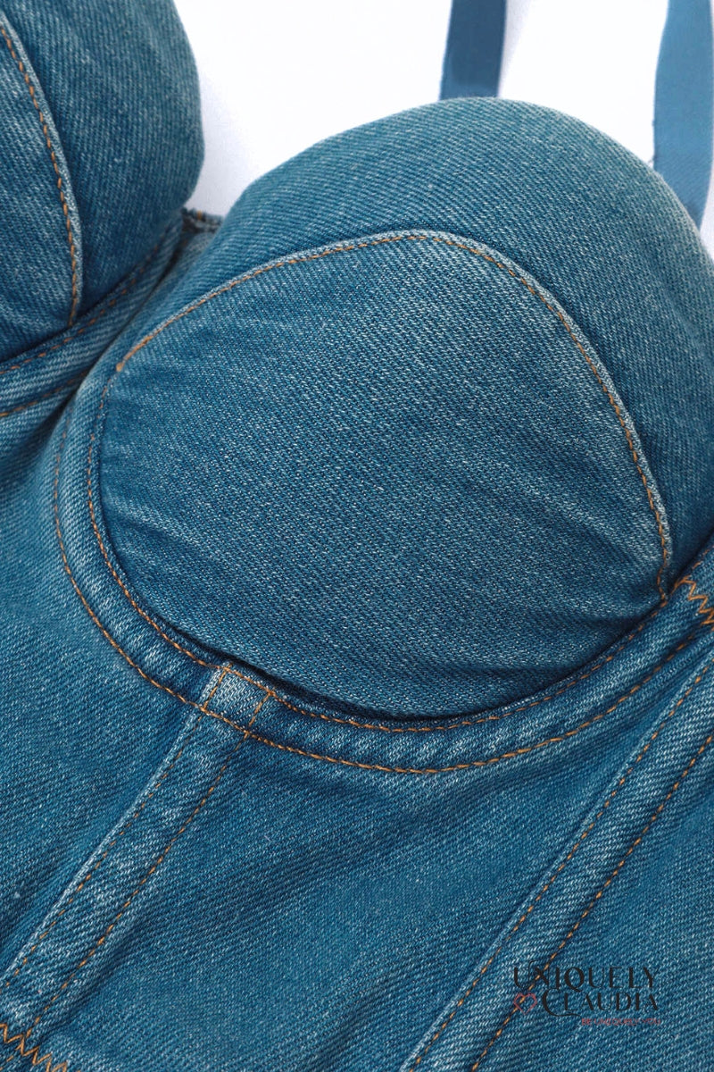 Women's Tops | Sarah Medium Wash Denim Bustier | Uniquely