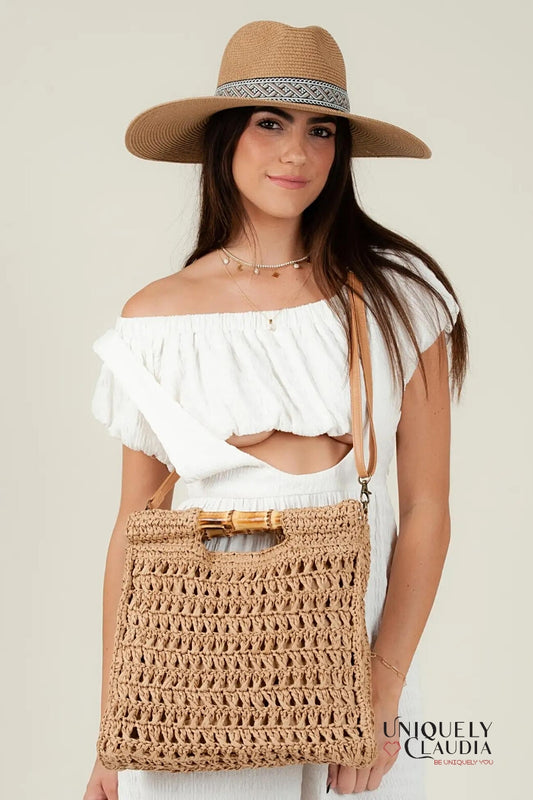 Women's Totes | Dewi Bamboo Handle Straw Tan Bag | Uniquely Claudia Boutique