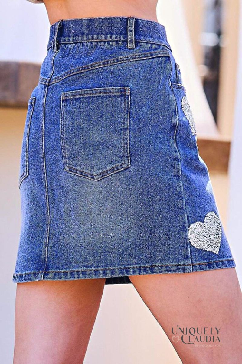 Women's Skirts | Abbey Sequined Hearts Denim Mini Skirt | Uniquely Claudia Boutique