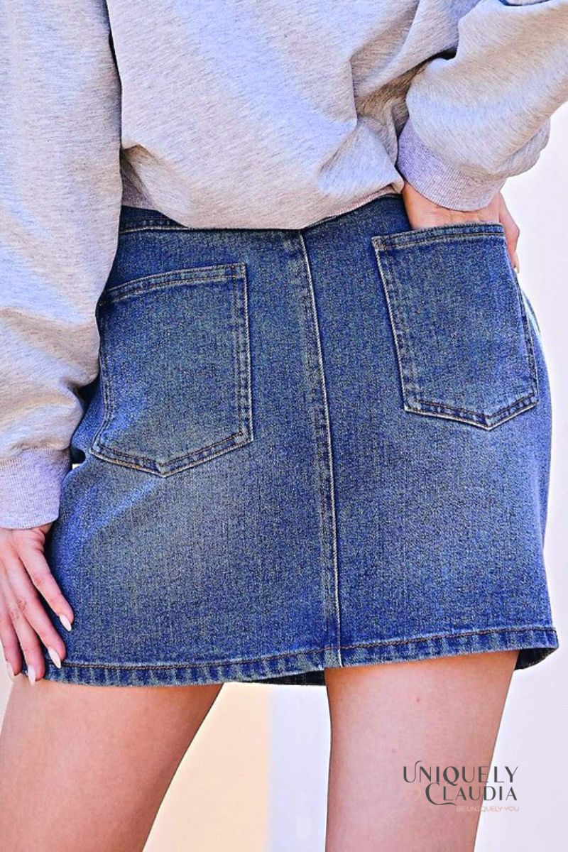 Women's Skirts | Abbey Sequined Hearts Denim Mini Skirt | Uniquely Claudia Boutique