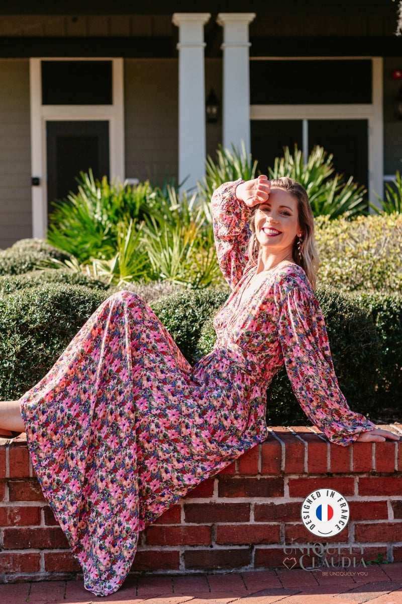Caroline Garden Romance Magenta Floral Print Maxi Dress