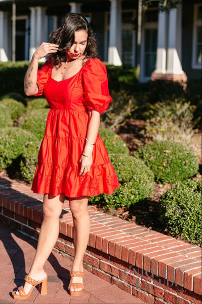 Women's Spring Dresses | Davina Puff Sleeves Fit & Flare Eyelet Dress | Uniquely Claudia Boutique S / Strawberry Red Women's Spring Dresses | Davina Puff Sleeves Fit & Flare Eyelet Dress | Uniquely Claudia Boutique S / Strawberry Red