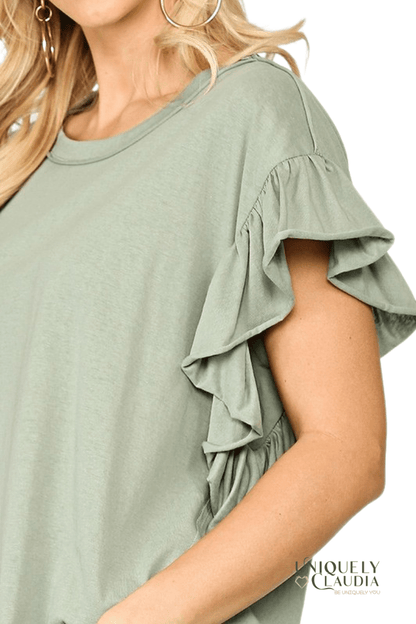 Roxane Solid Slub Cotton Knit Shoulder Flutter Sleeve Top - UNIQUELY CLAUDIA