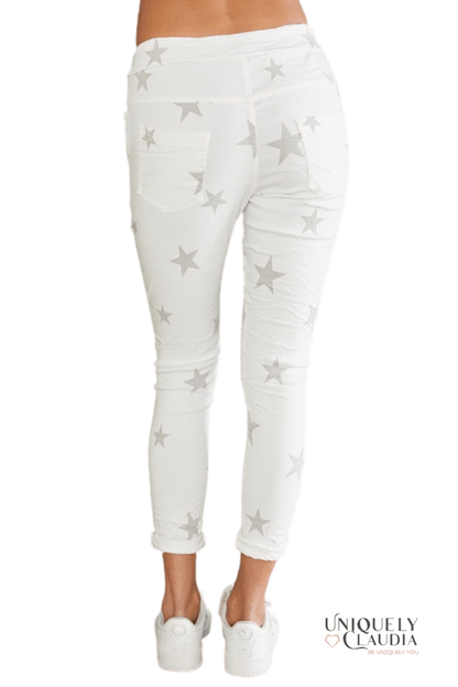 Women's Joggers | Luce Stellare Embellished Crinkle White Joggers | Uniquely Claudia Boutique