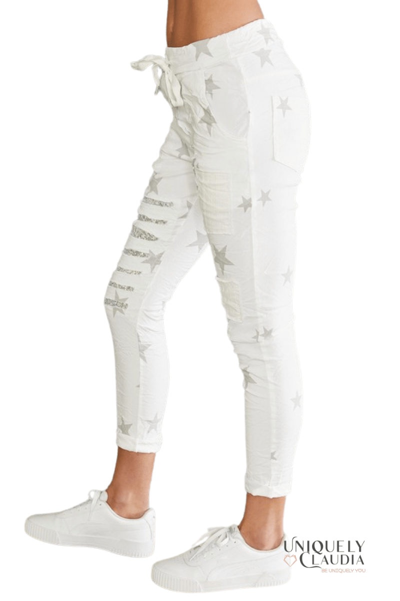 Women's Joggers | Luce Stellare Embellished Crinkle White Joggers | Uniquely Claudia Boutique