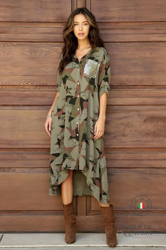 Women's Dresses | Izabella Embellished Camouflaged Midi Shirt Dress | Uniquely Claudia Boutique