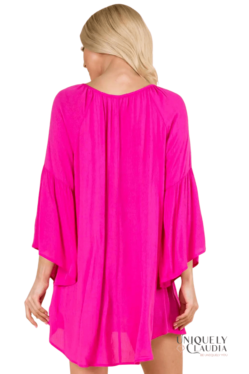 Natalia Bell Sleeve Keyhole Hi-Lo Flowy Blouse - UNIQUELY CLAUDIA