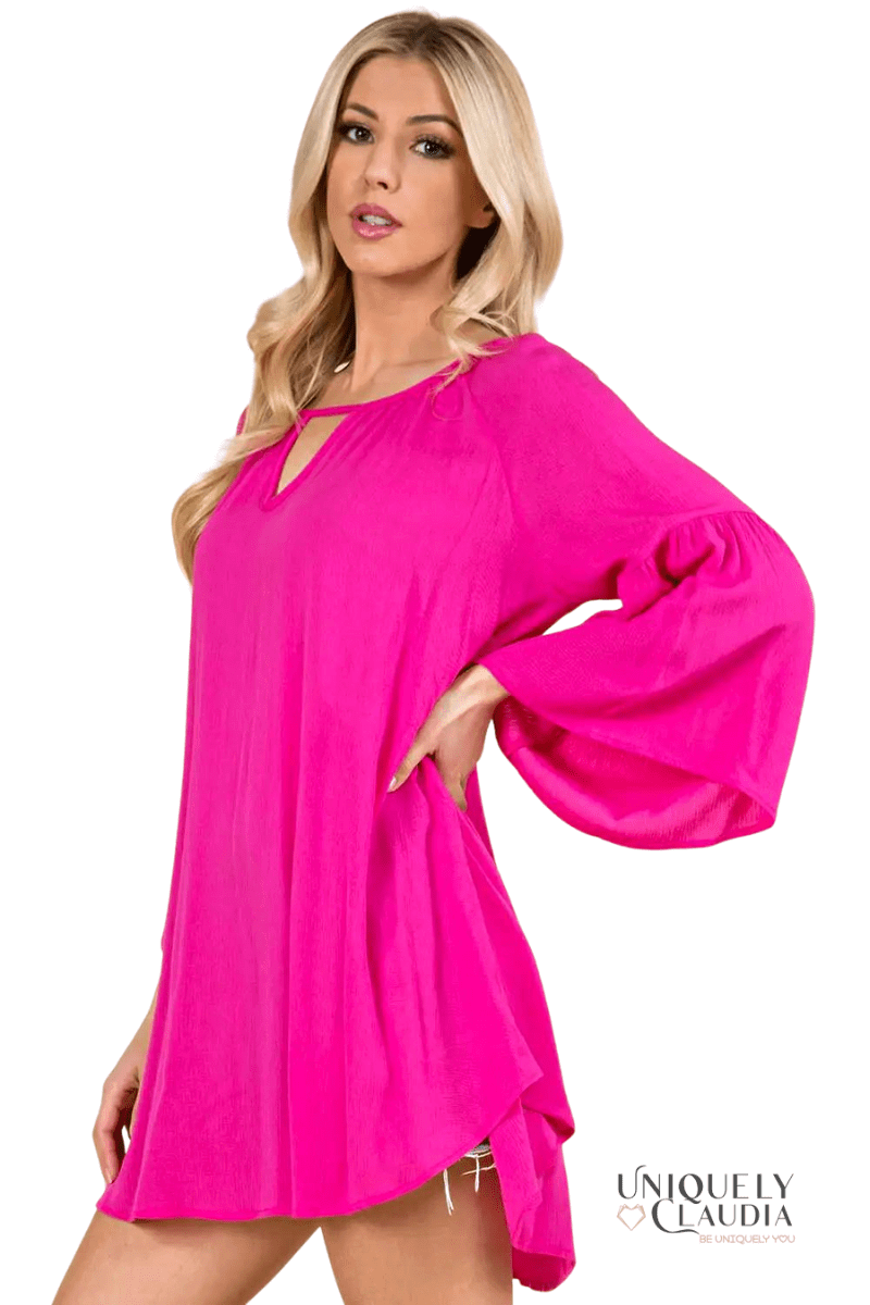 Natalia Bell Sleeve Keyhole Hi-Lo Flowy Blouse - UNIQUELY CLAUDIA